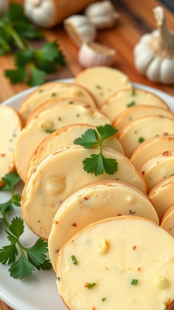 Sliced garlic butter logs on a wooden board, garnished with parsley, with garlic cloves in the background.